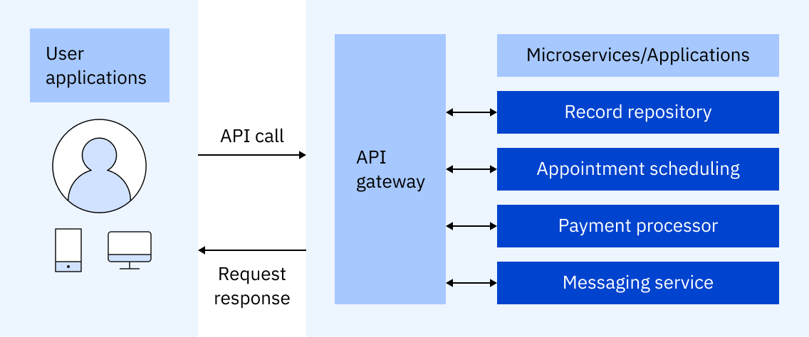 Diagram of an API Gateway routing API calls from user applications to microservices including record repository, appointment scheduling, payment processor, and messaging service