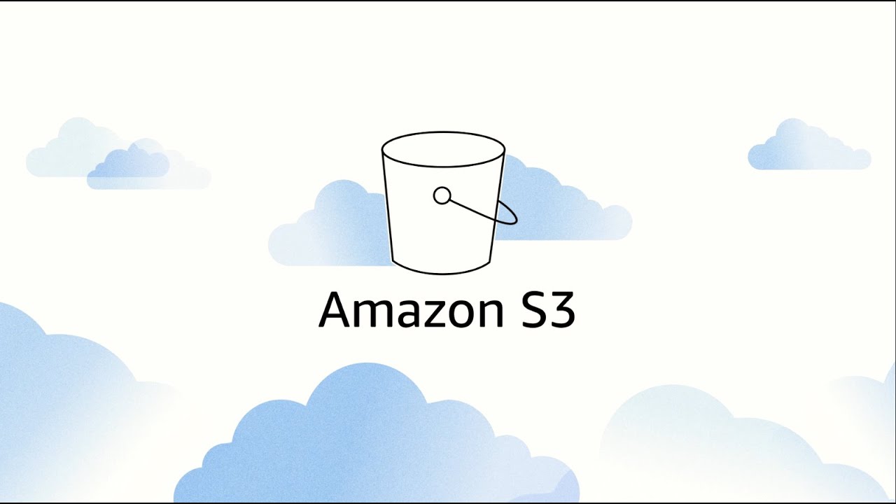Line drawing of a bucket labeled Amazon S3, floating among clouds