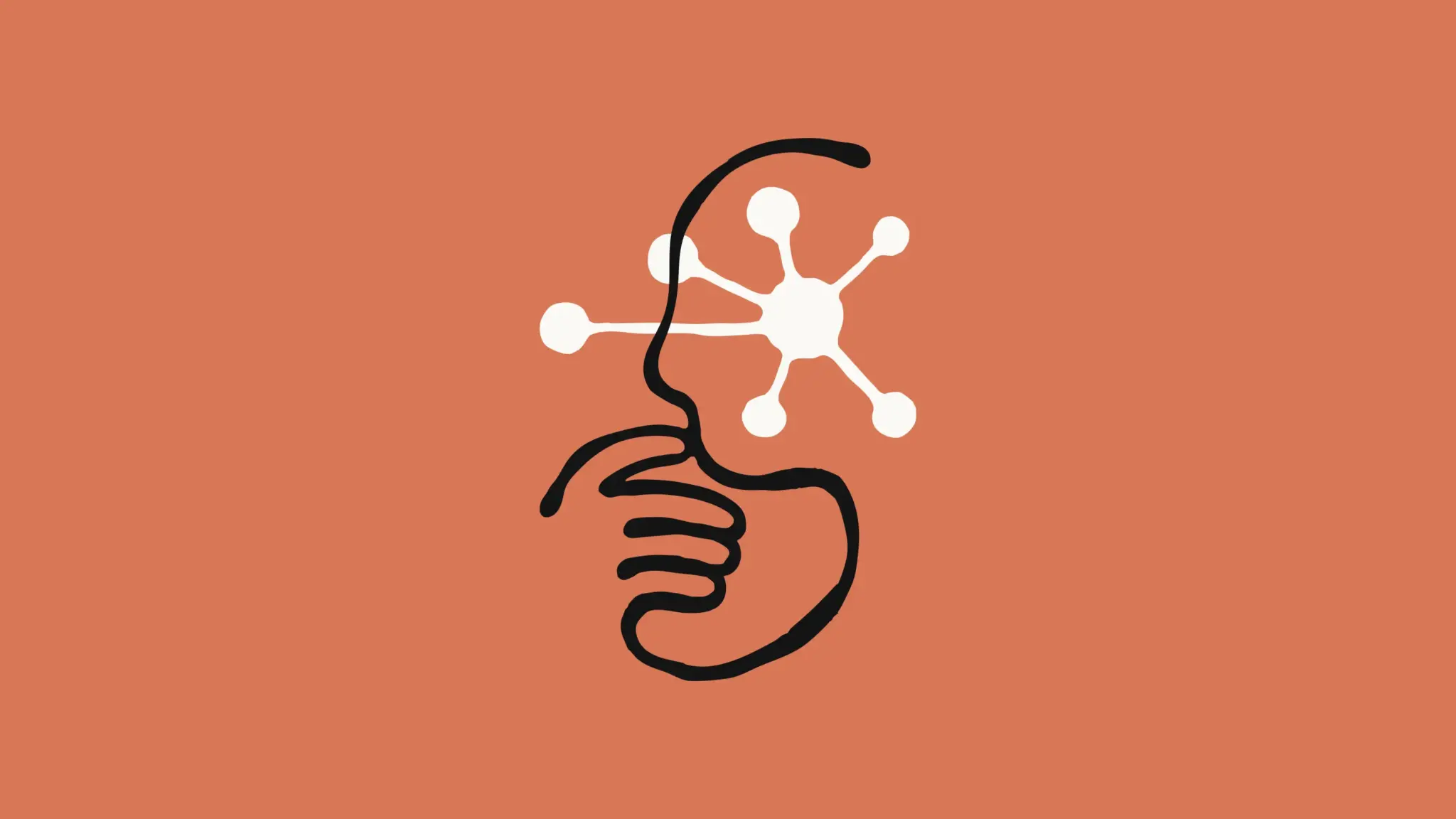 Illustration of a hand holding a head made of connected nodes, on an orange background