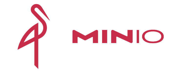 MinIO logo, a red flamingo mark next to the MinIO wordmark