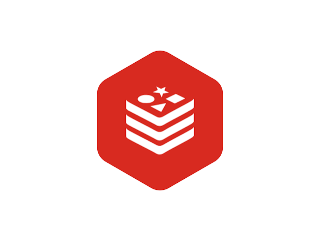 Red hexagon Redis logo with a stack of white chevrons and shape icons