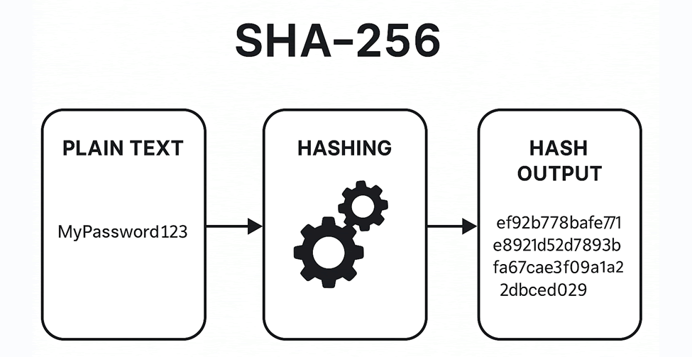 Diagram showing SHA-256 turning plain text like MyPassword123 into a fixed-length hash output through a hashing step