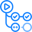 Icon showing a play button branching into a chain of connected nodes, representing a workflow triggered and run step by step