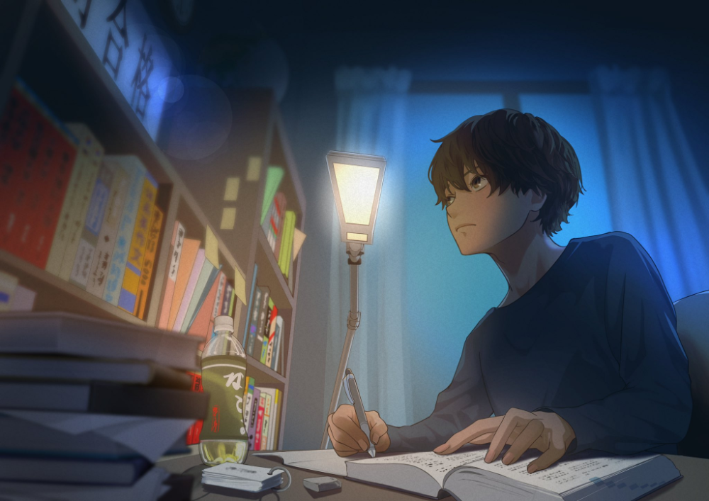 Illustration of a student writing in a notebook at a desk lit by a lamp, surrounded by bookshelves at night