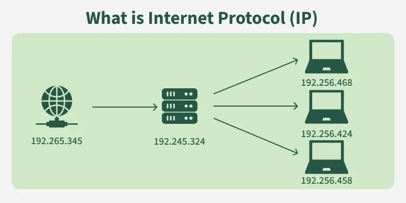 Diagram of Internet Protocol (IP) showing a source address routing through a router to multiple destination IP addresses