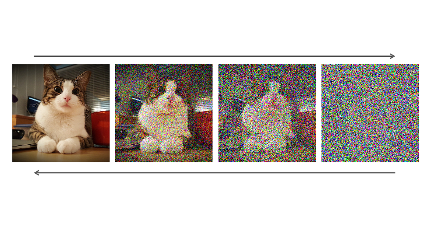 Sequence of a cat photo progressively destroyed into random noise across four steps, illustrating the forward diffusion process